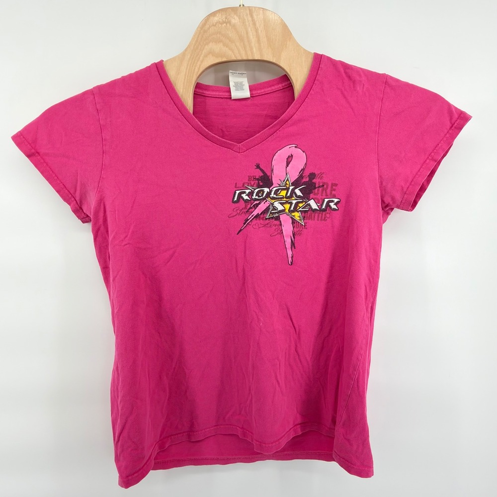 Gildan T-Shirt Womens L Pink Breast Cancer Awareness Monster Truck V-Neck Cotton